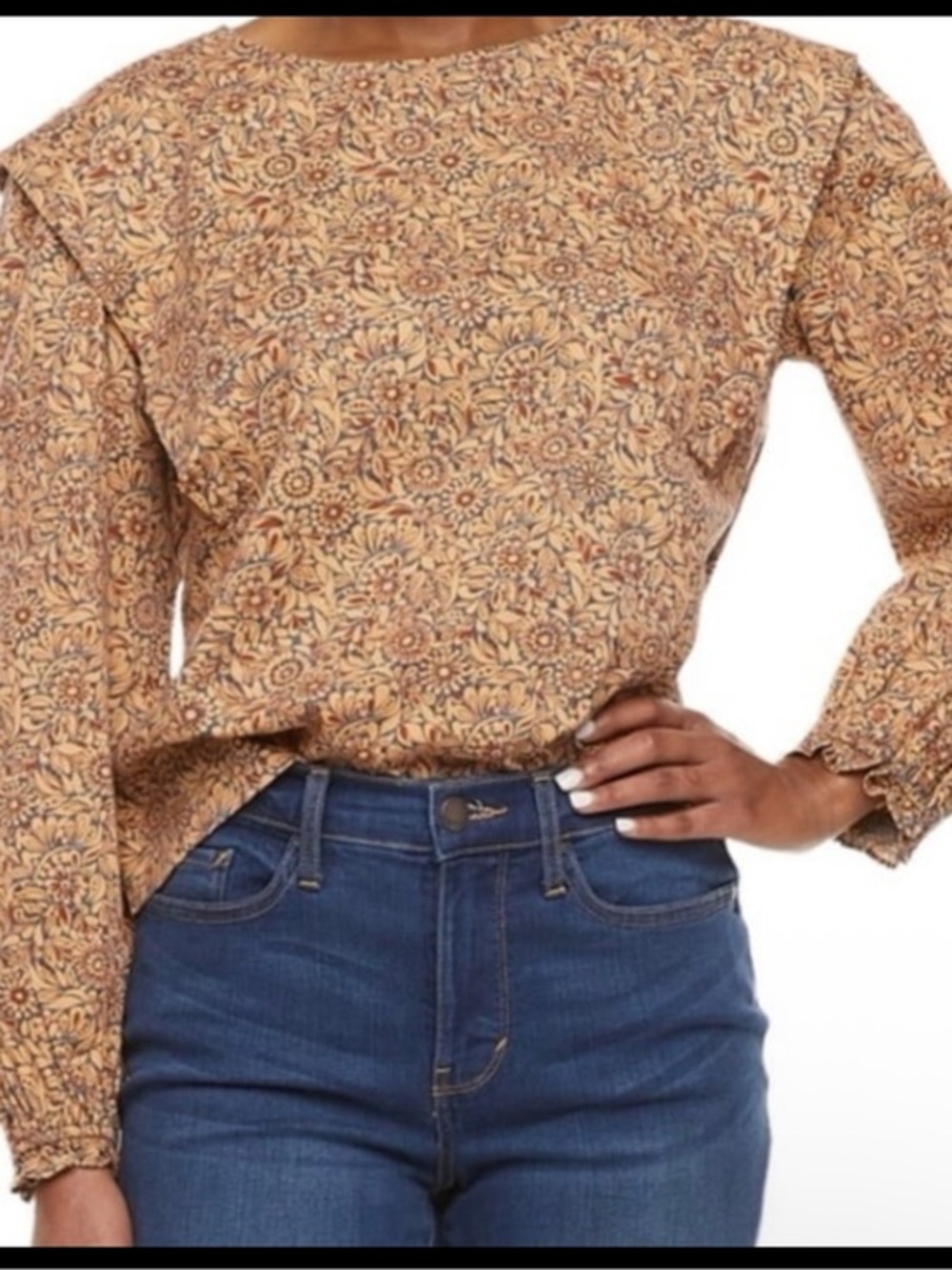 a.n.a Tan Floral Long-Sleeve Ruffle-Shoulder Blouse